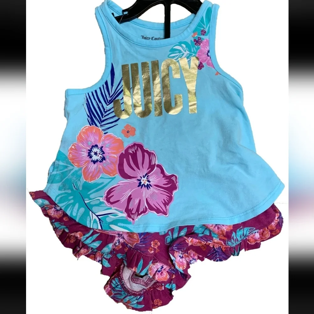 Juicy Couture Girl's Summer 2 Piece Tank and Short Set Blue Multi Floral 5T New